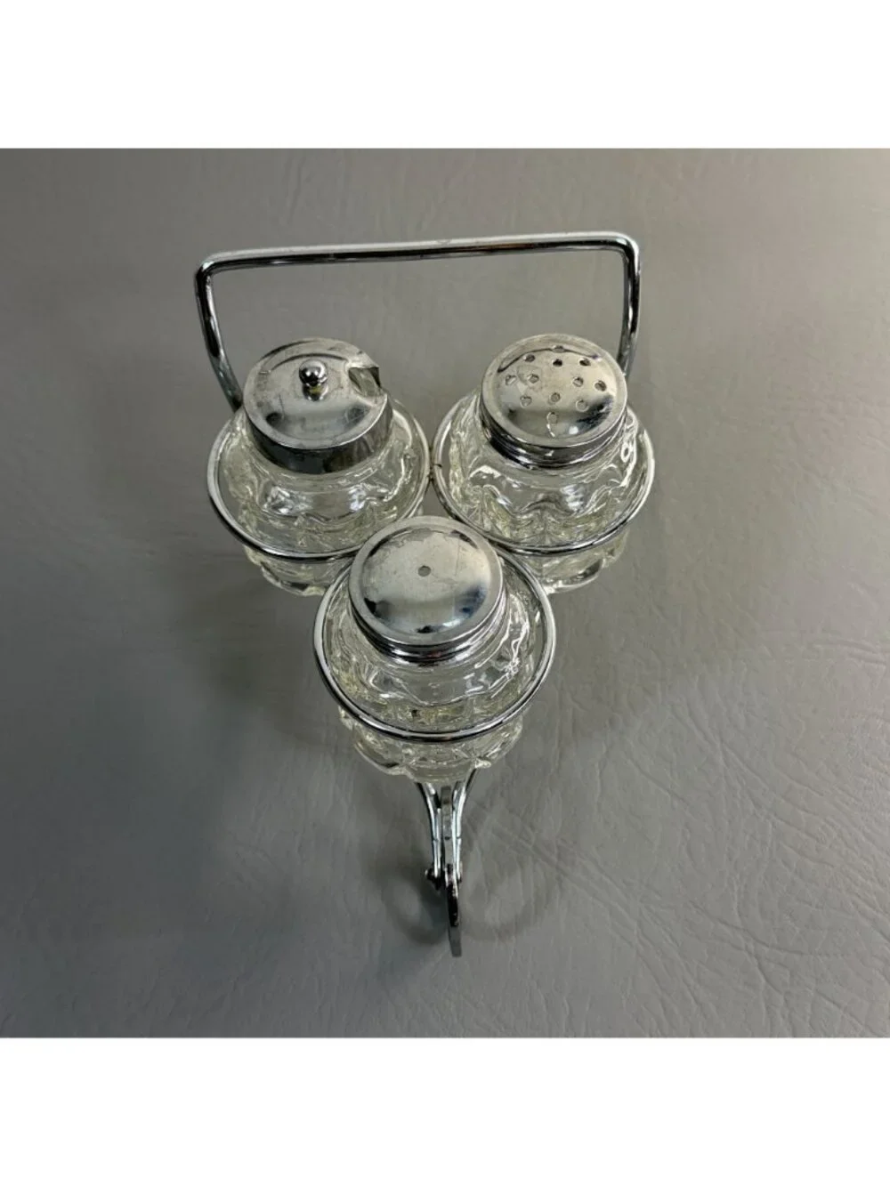Mid Century Diamond Cut Glass Cruet Caddy Set Novelty Chrome Wheelbarrow 6